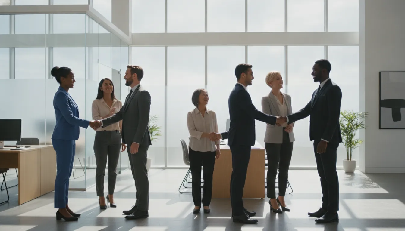 Clientes e advogados apertam mãos em escritório, após reconhecimento de vínculo empregatício e vitória.