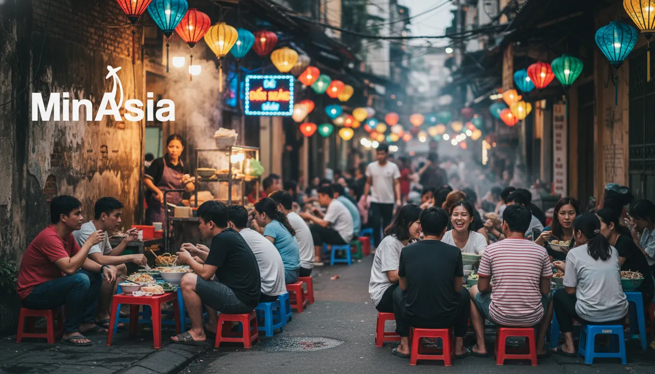 Cena noturna vibrante de comida de rua em Hanói, Vietnã, com pessoas comendo e barracas iluminadas.