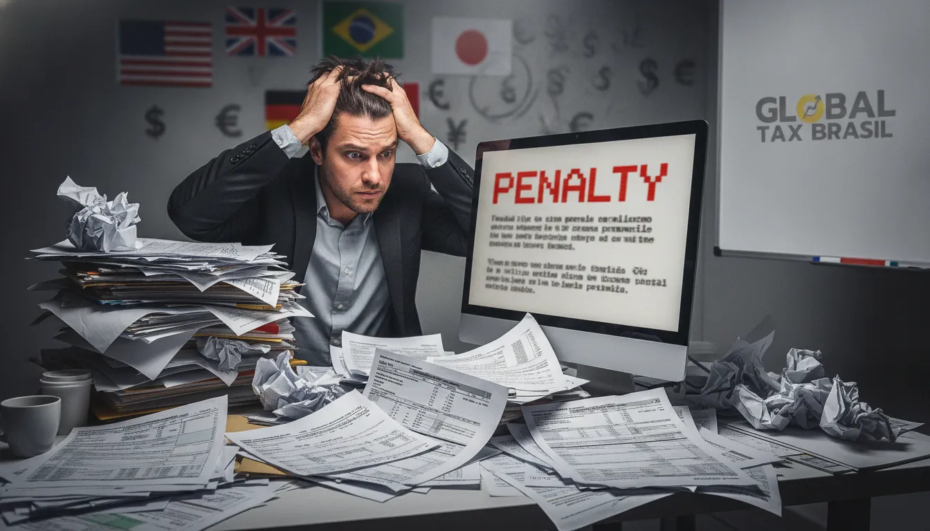 Pessoa estressada com documentos fiscais internacionais e aviso de penalidade, mostrando as consequências de não declarar imposto de renda.
