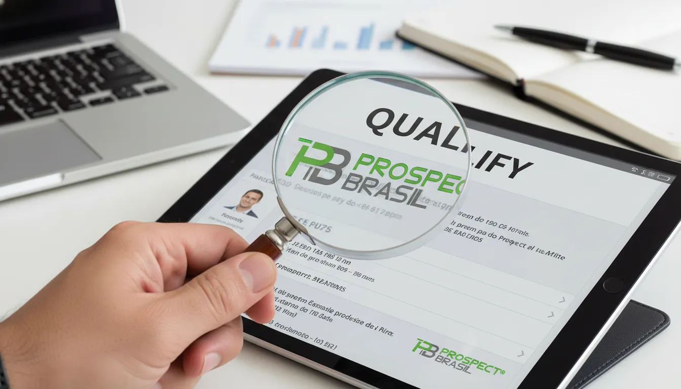 Mão com lupa analisa detalhes de contato, simbolizando a qualificação rigorosa de leads para negócios B2B.