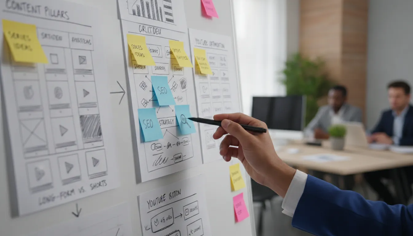 Mão apontando para storyboard detalhado, planejamento estratégico de conteúdo de uma produtora de vídeos.