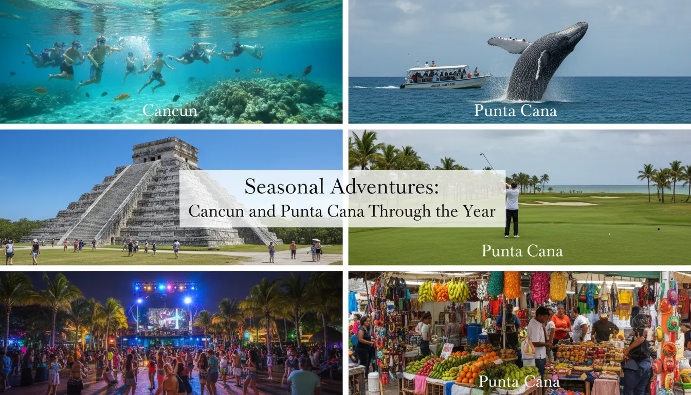 Colagem de aventuras sazonais em Cancún ou Punta Cana All inclusive, com atividades de mergulho, ruínas maias e observação de baleias.
