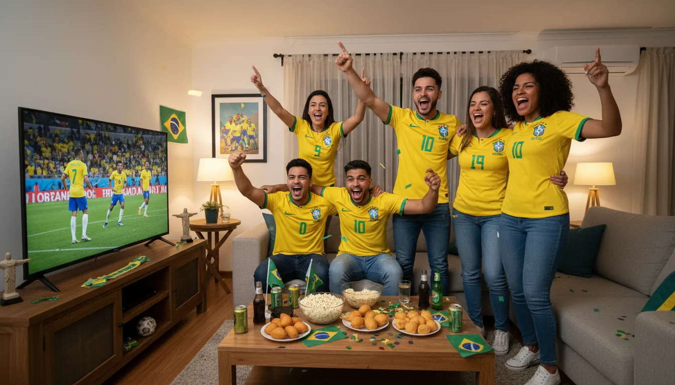 Amigos reunidos em casa, assistindo jogo da selecao brasileira na TV e celebrando um gol.