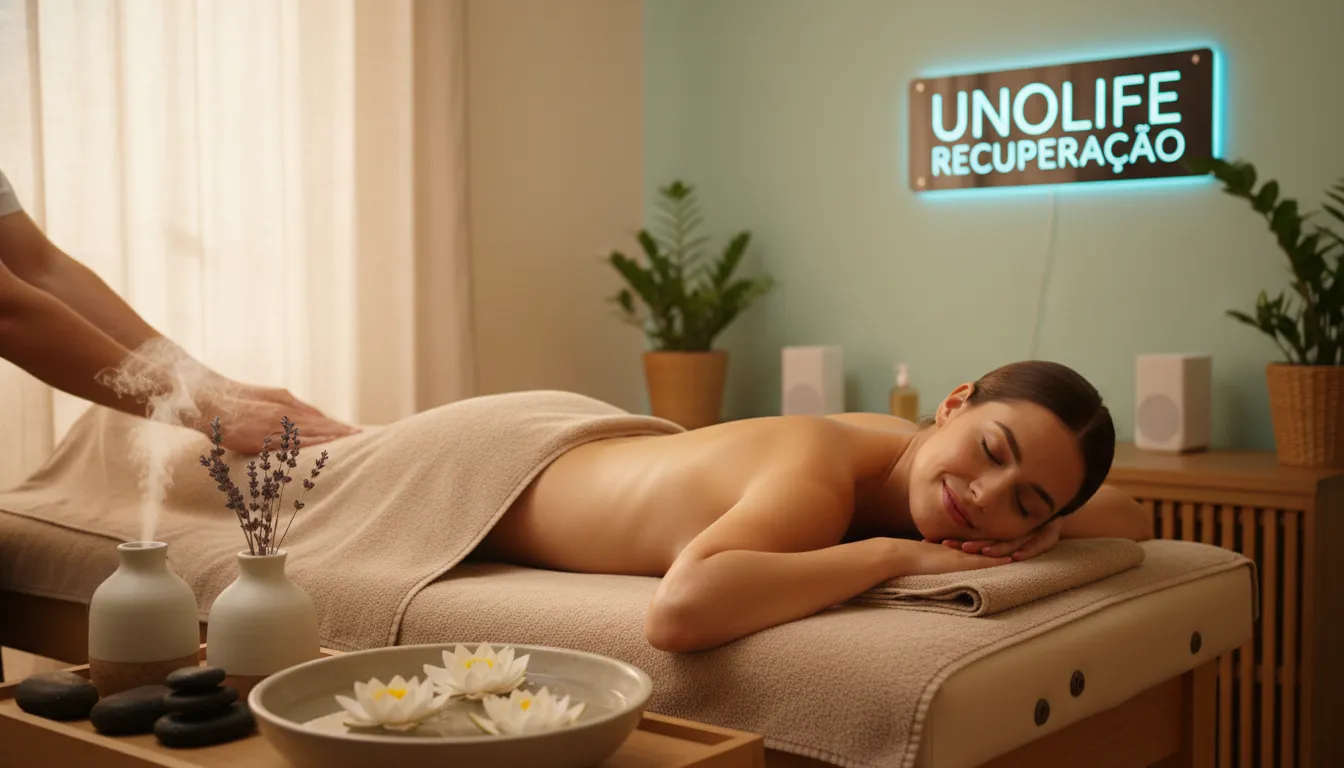 Imagem relaxante de recuperação de burnout, mostrando massagem e aromaterapia, promovido pela Unolife.