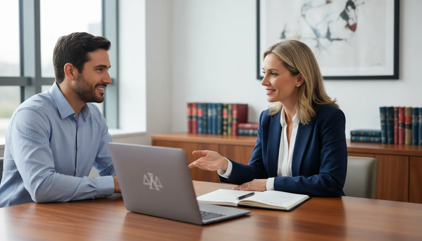 Advogada especializada em rescisão indireta explicando direitos a cliente, transmitindo confiança e apoio.