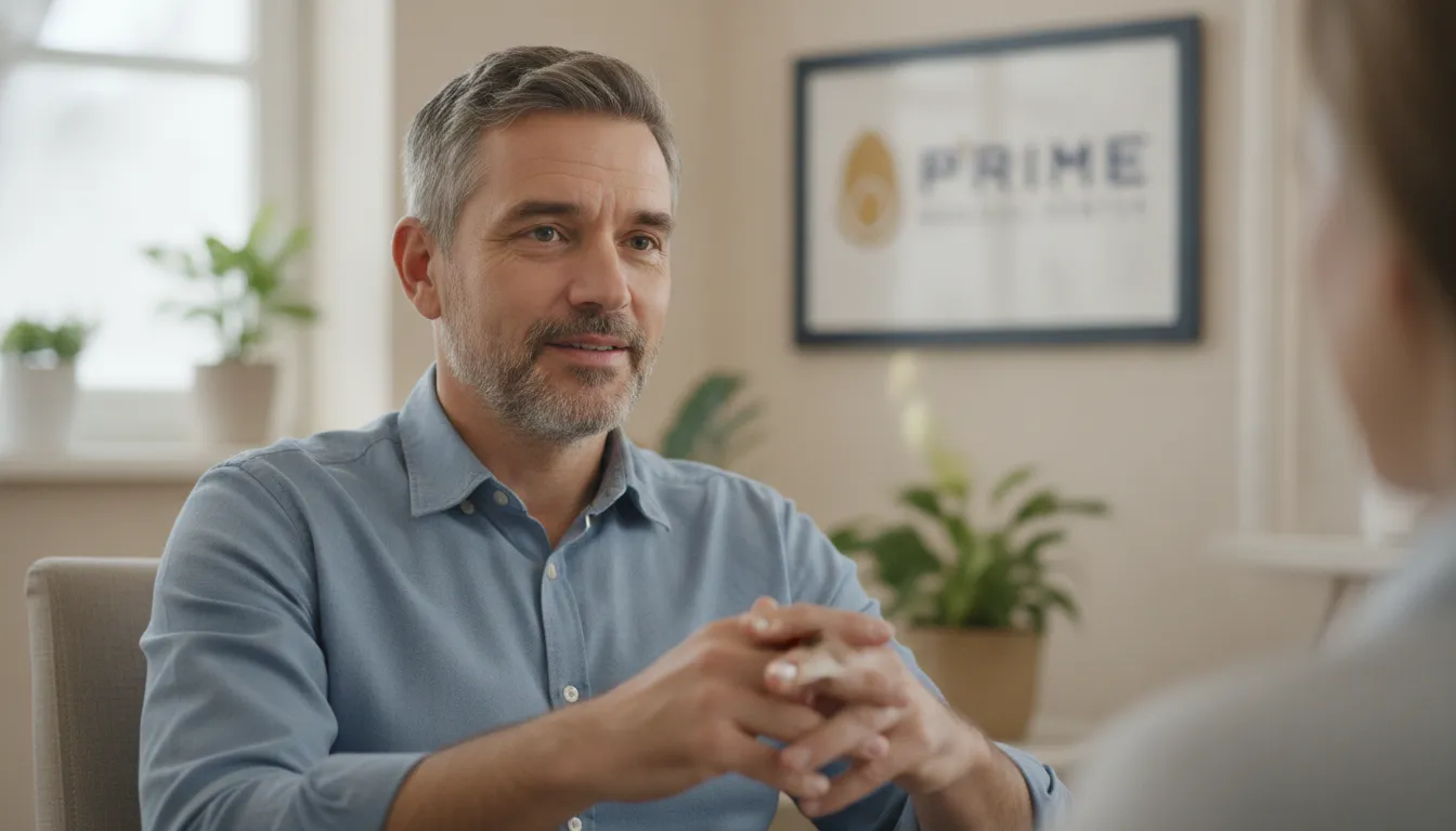 Paciente masculino expressa preocupação durante consulta com andrologista, buscando soluções de saúde.