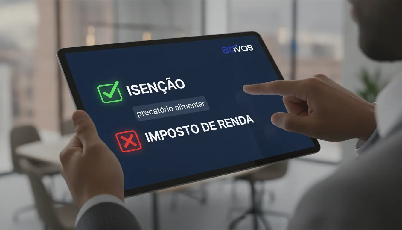 Tela digital com 'ISENÇÃO' em verde e 'IMPOSTO DE RENDA' em vermelho, explicando precatório alimentar imposto de renda.