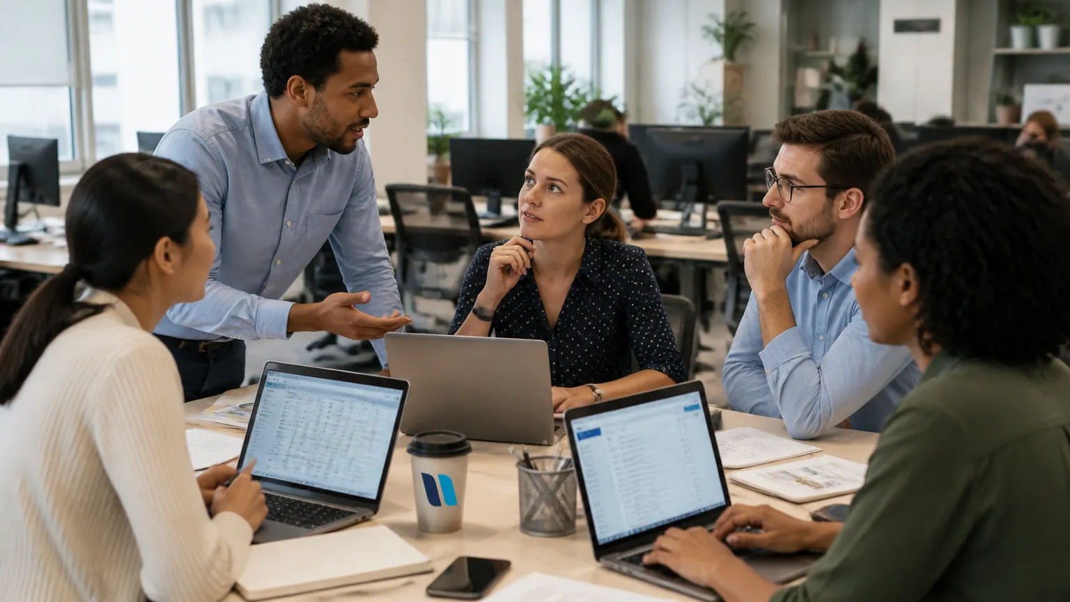 Equipe trabalhando em sincronia usando suíte de produtividade em nuvem e e-mail empresarial.
