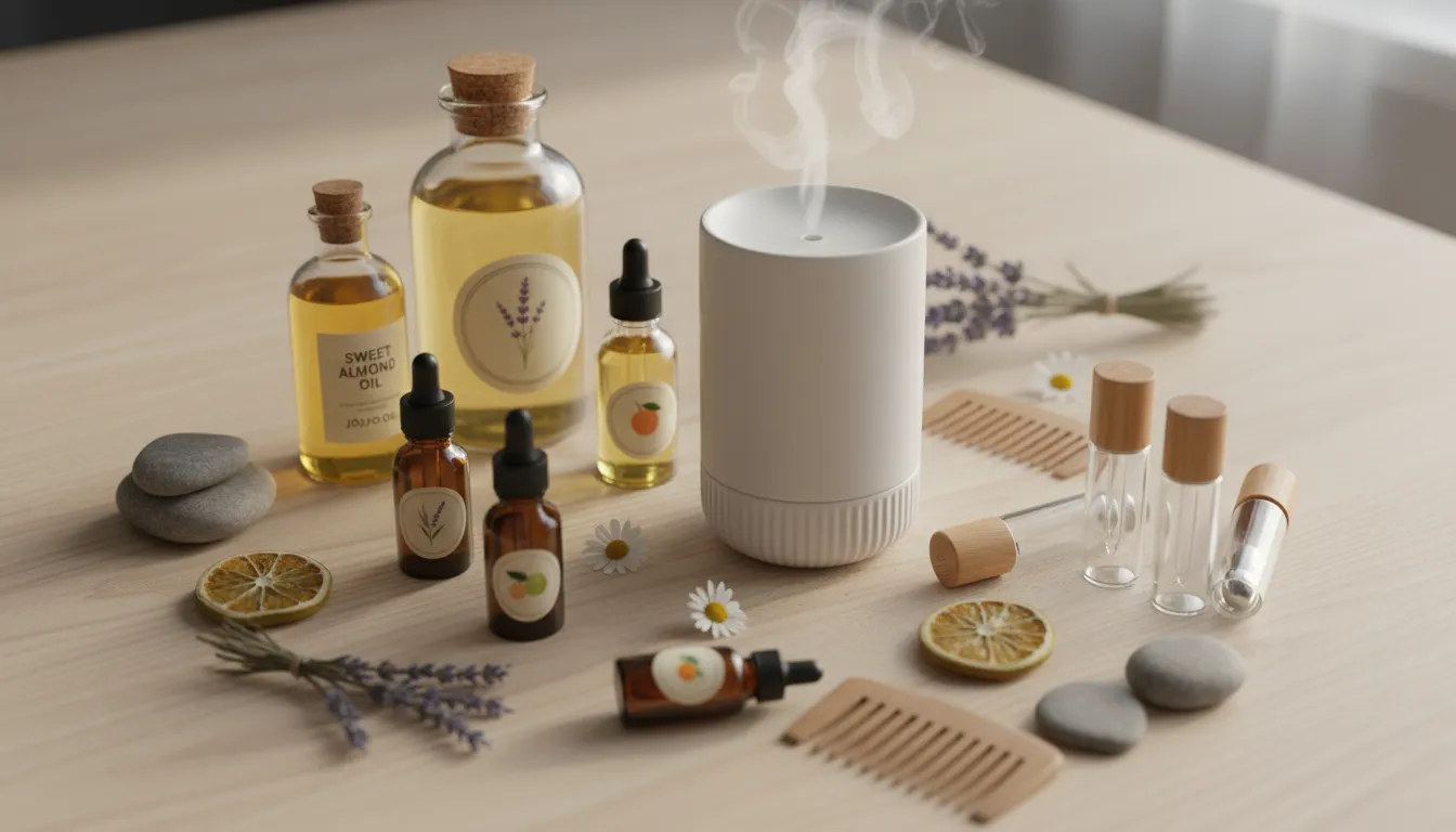 Variedade de óleos essenciais e acessórios de aromaterapia para alívio da ansiedade e estresse.