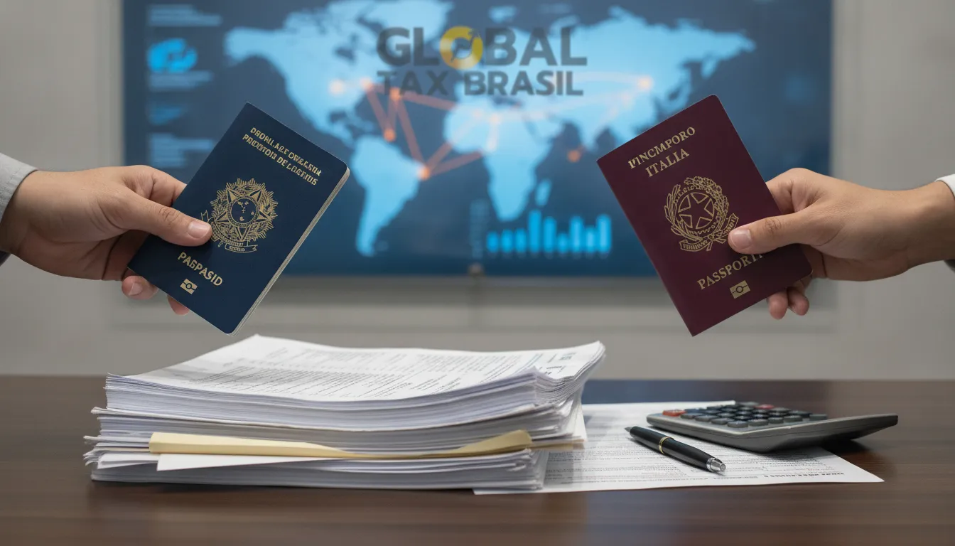 Mãos seguram passaportes brasileiro e italiano sobre documentos fiscais, simbolizando a bitributação Brasil Itália.