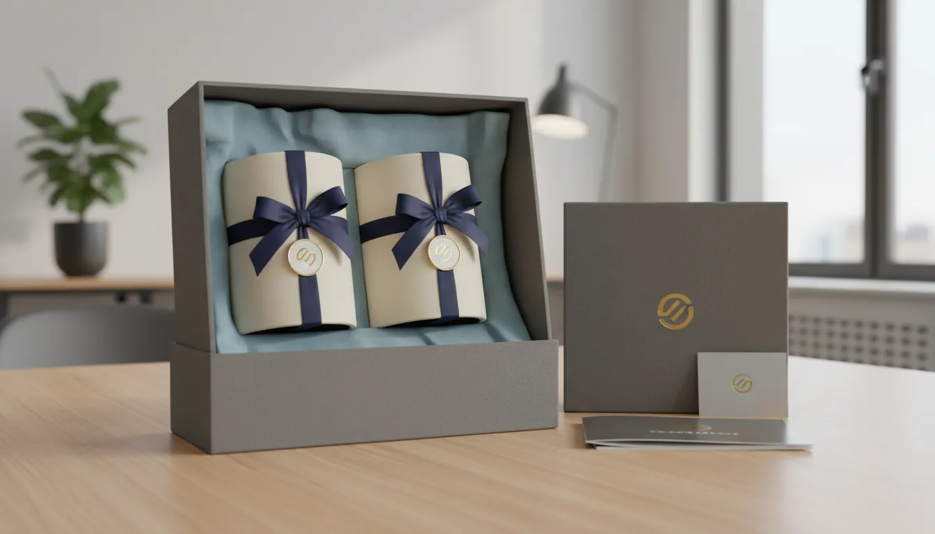 Canecas personalizadas em embalagens de presente sofisticadas, prontas para ações de marketing corporativo.