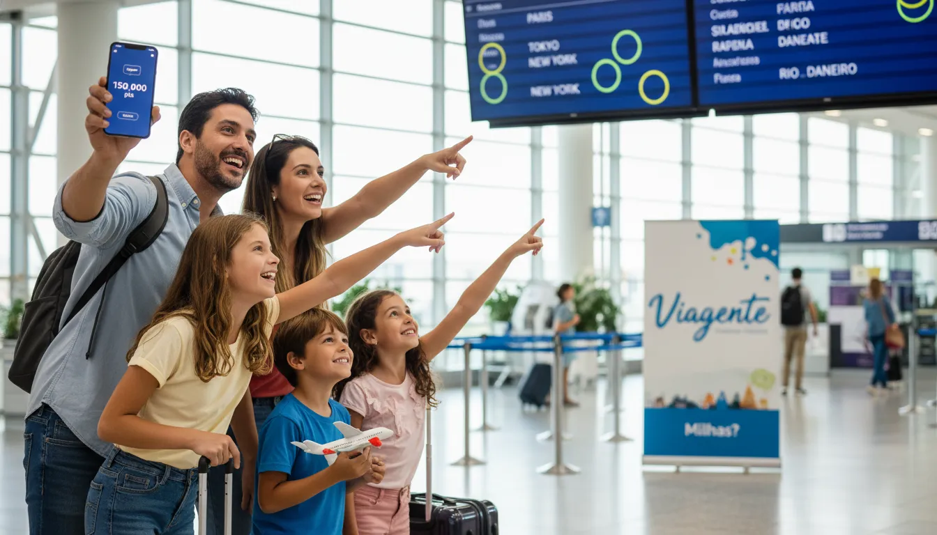 Família animada em aeroporto, pai mostra app de milhas. Banner da Viagente ao fundo, ilustrando como comprar milhas pode realizar sonhos de viagem.