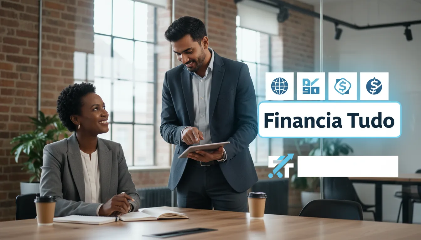Consultor de crédito afiliado orientando cliente, destacando rede de parceiros e soluções da Financia Tudo.