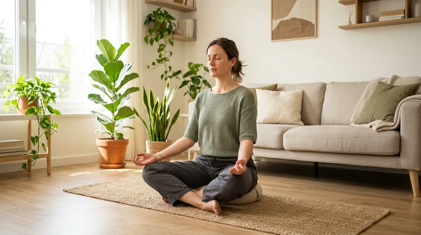 Mulher meditando em sala iluminada prevenindo os sintomas físicos do estresse crônico.