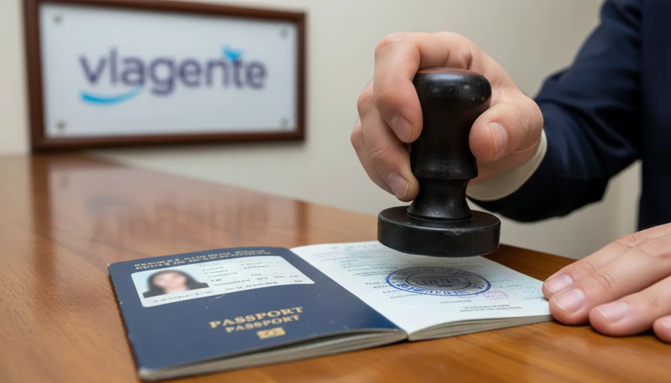 Um close-up detalhado de um passaporte sendo carimbado com um visto por um oficial.