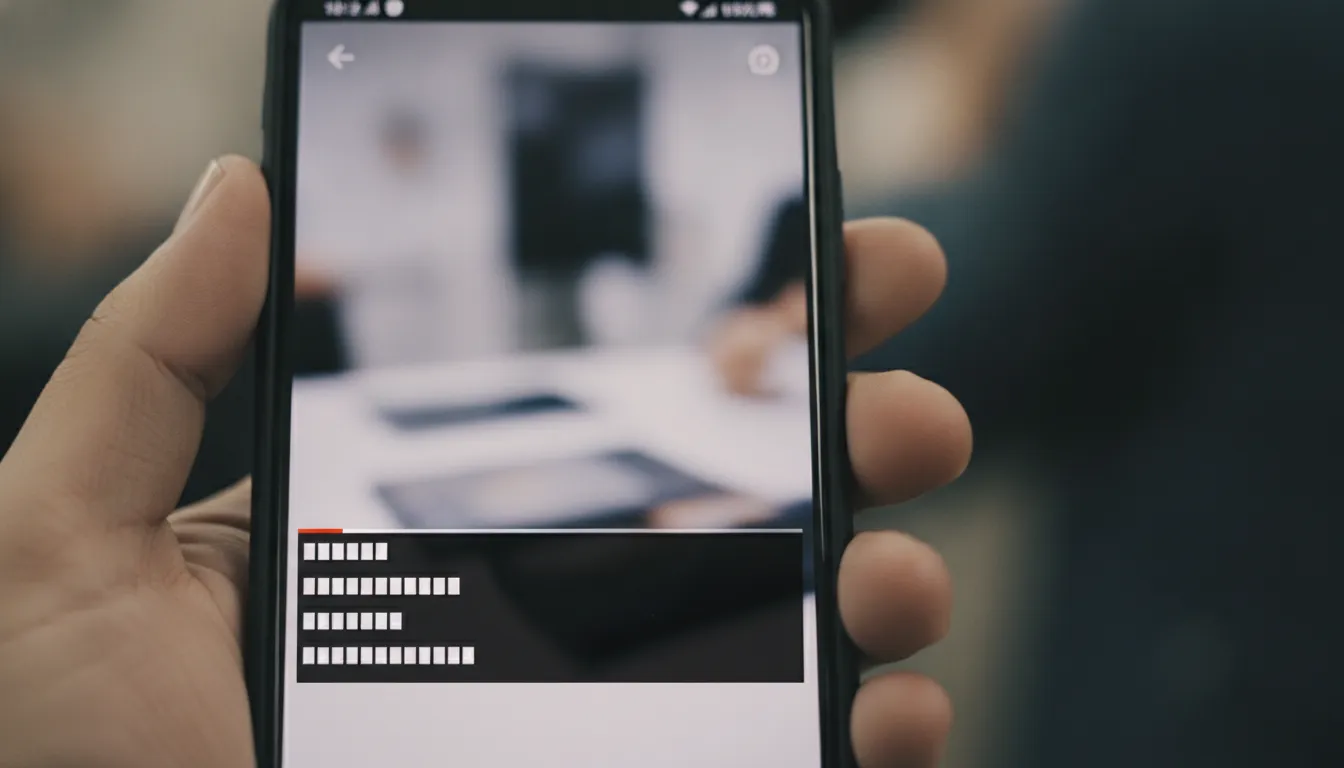Close-up de celular exibindo legenda para vídeo em ambiente público, destacando a importância da acessibilidade.