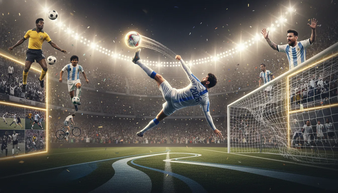 Montagem de gols lendários e um novo gol, possível gol mais bonito copa 2026, com a frase 'Gol do Campeonato 2026'.