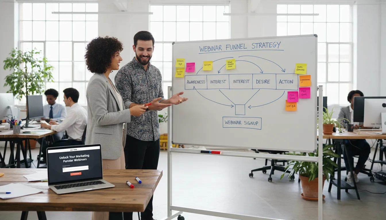 Um escritório de marketing digital movimentado com um quadro branco exibindo uma estratégia de funil 4x1 para webinars, demonstrando Como vender Info Produto com a consultoria Alex Priete.