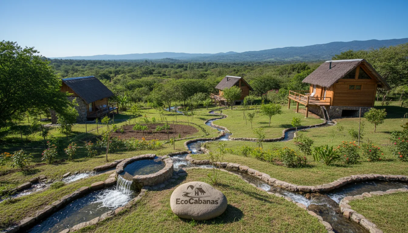 Visão ampla do poço artesiano na propriedade da Eco Cabanas, integrando-se à paisagem e ao sistema sustentável.