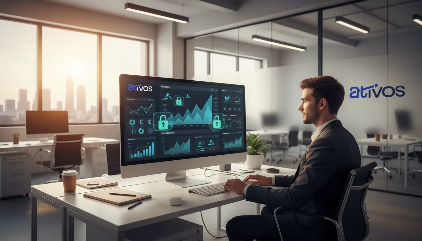 Profissional usando plataforma Ativos para gerenciar precatórios TRF3, com foco em tecnologia e segurança.