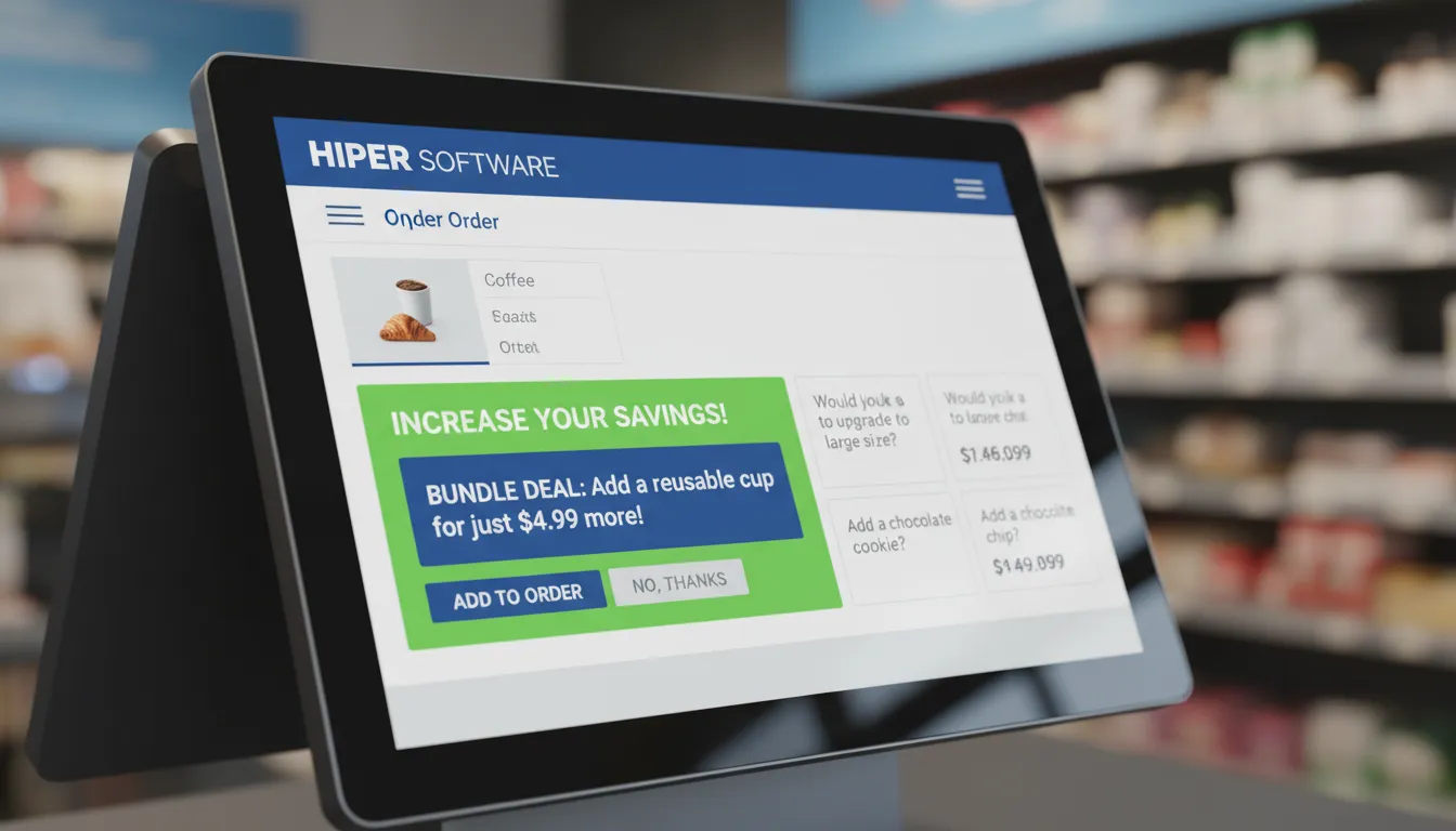 Tela de um sistema PDV com a interface do Hiper Software, mostrando como aumentar o ticket médio com sugestões de venda e ofertas.