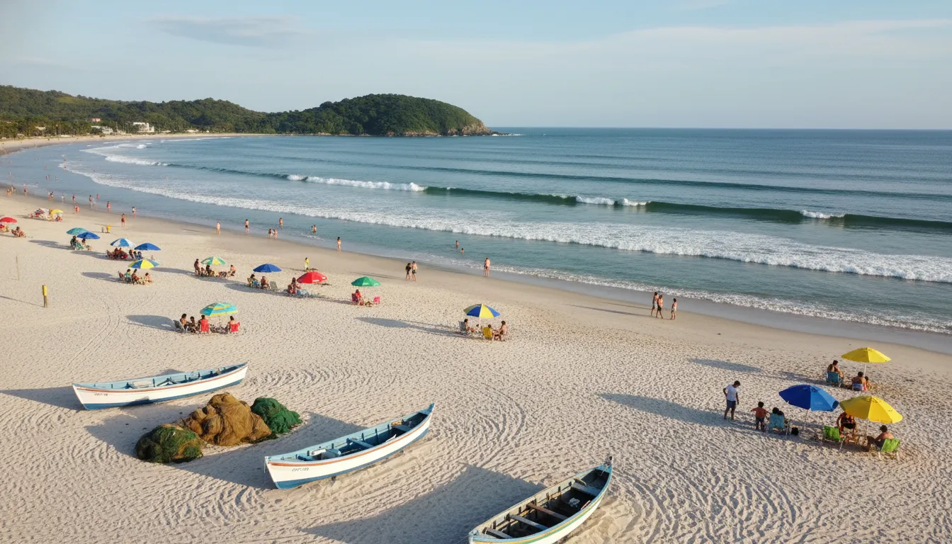 Cenário tranquilo da Praia dos Ingleses, ideal para famílias nas praias Florianópolis Floripa, com águas calmas e areia branca.