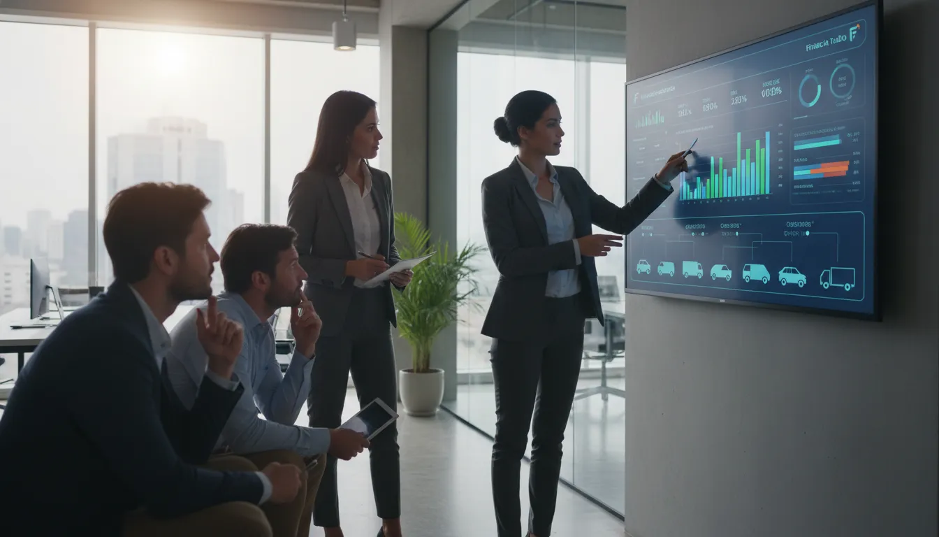 Equipe discutindo estratégia financeira, veículo empresa como ativo para garantia crédito.