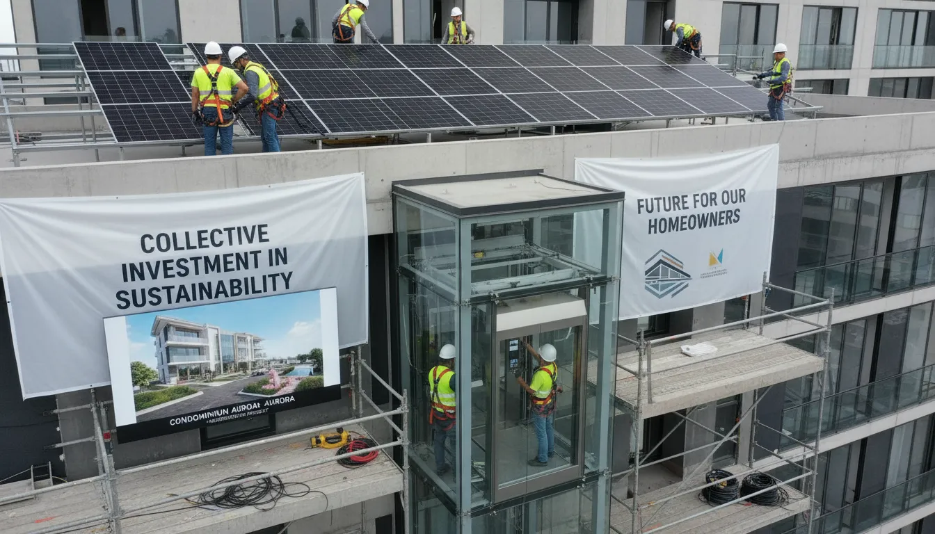 Obras de modernização em condomínio com trabalhadores instalando tecnologias sustentáveis