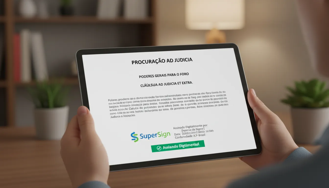 Detalhe de uma procuração ad judicia em um tablet, com a assinatura digital SuperSign em destaque, simbolizando validade jurídica.