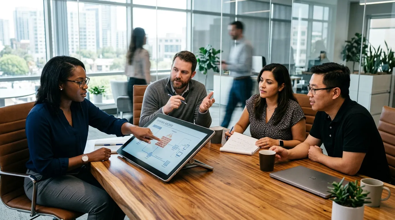 Equipe de TI reunida que decide se revelar no mercado usando diretrizes seguras.
