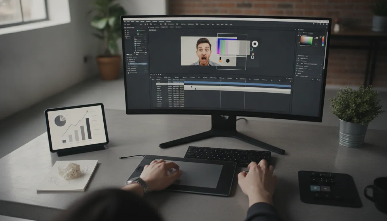 Editor de vídeo refinando thumbnail no monitor, com ferramentas de edição e dados de engajamento.