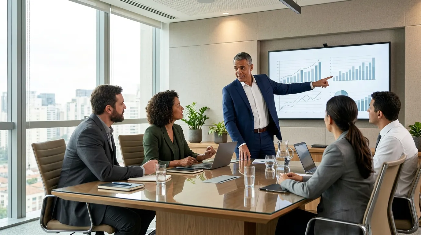 Reunião estratégica sobre como escolher o melhor regime tributário para sua empresa em 2027 e expandir.