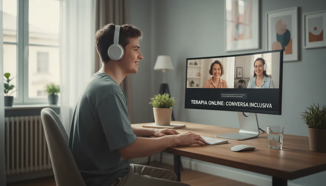 Adulto autista em sessão de terapia online, transmitindo conforto, inclusão e autonomia.