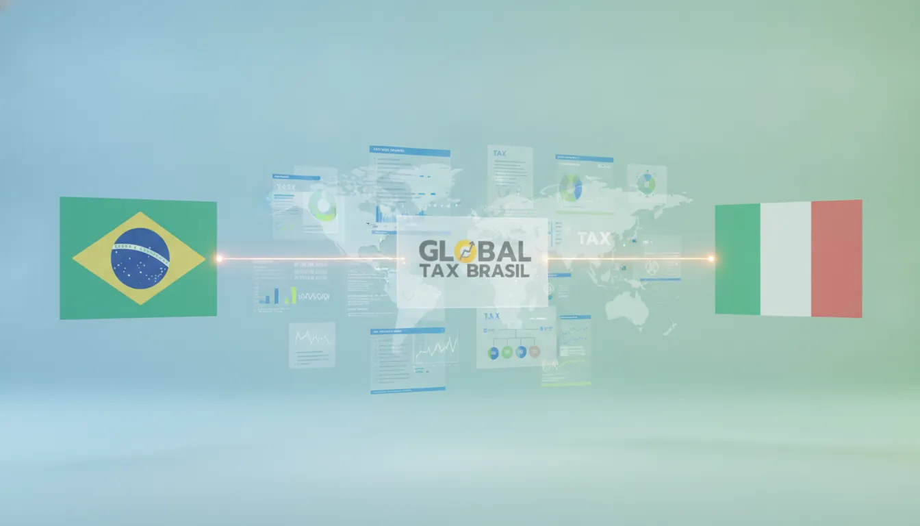 Representação digital de documentos fiscais conectando bandeiras do Brasil e Itália, ilustrando a bitributação.