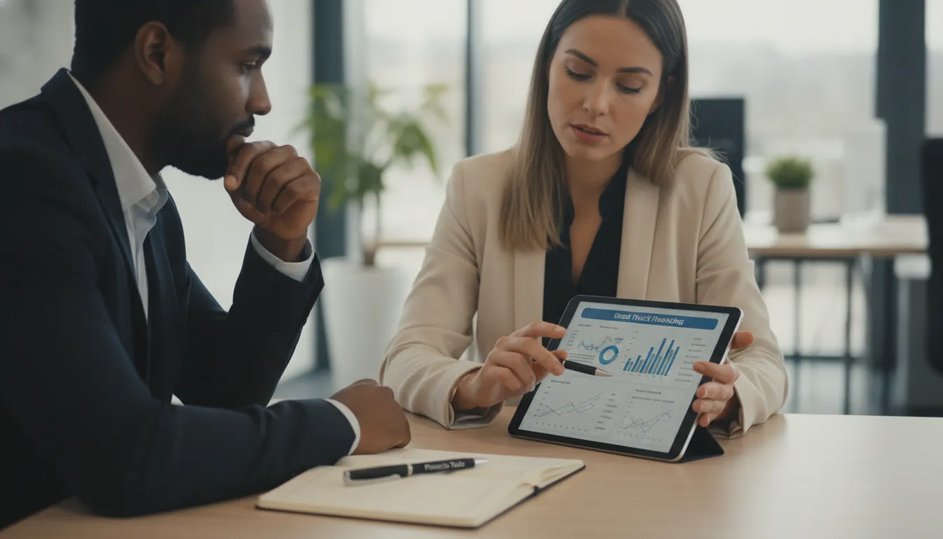 Especialistas da Financia Tudo auxiliam cliente com financiamento de caminhão usado em consulta.
