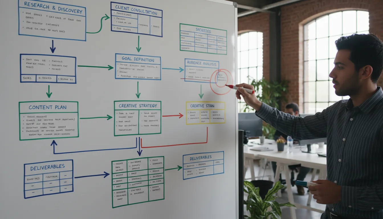 Modelo de Briefing para Criação de Site Institucional em 2026 2 Quadro branco com fluxograma de briefing e profissional destacando etapas cruciais de planejamento de site.