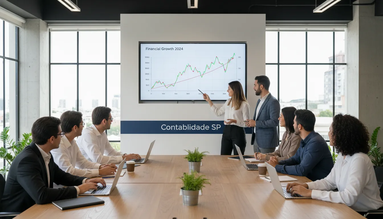 Profissionais diversos colaboram em um espaço de co-working moderno, analisando gráficos financeiros, representando a solução de contabilidade para médicos em São Paulo.
