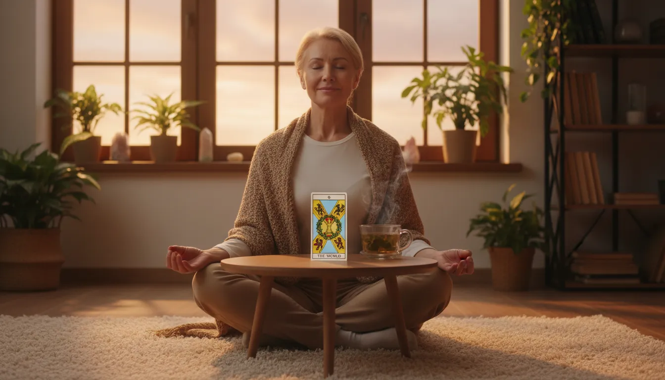 Transforme sua vida com as orientações do Tarot Mulher meditando ao entardecer com carta de Tarot, transmitindo autodesenvolvimento e equilíbrio.