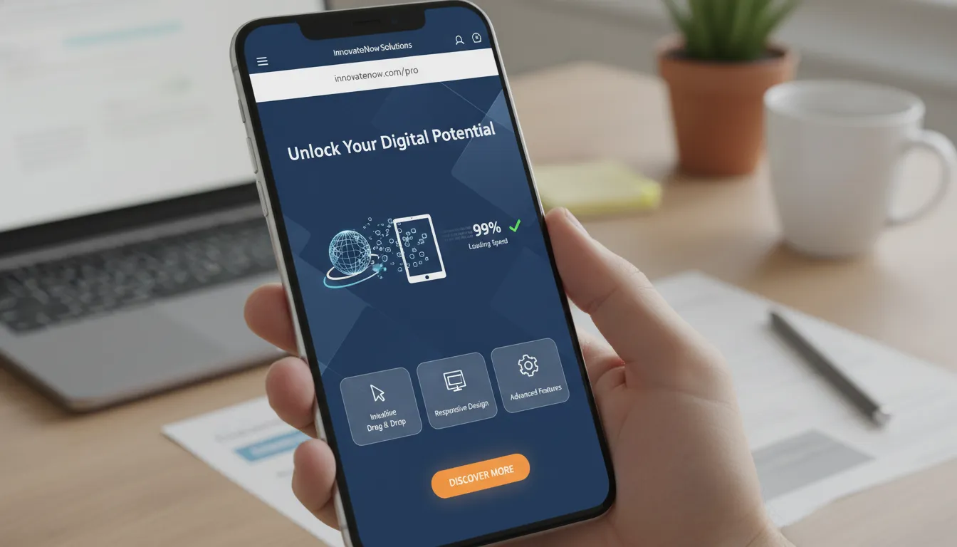 Elementor Pro 2026: Novidades e Como Criar Sites Avançados 3 Dispositivo móvel mostrando landing page responsiva criada no Elementor Pro, com carregamento rápido
