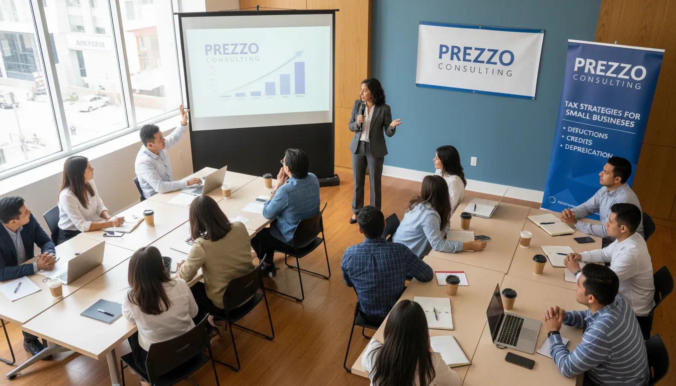 Diversos proprietários de empresas latinas participando de uma oficina de contabilidad para latinos en Orlando, apresentada pela Prezzo Consulting.