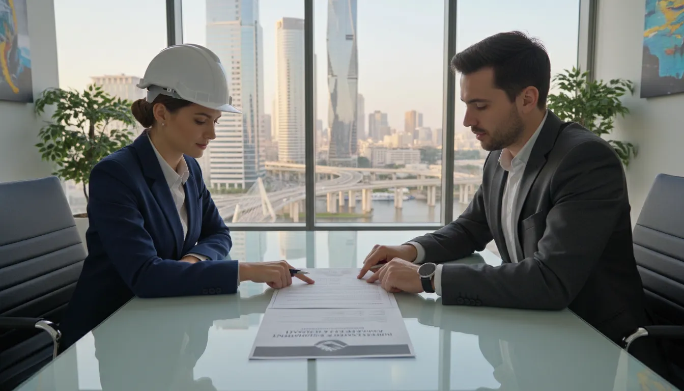 Engenheiro civil reunido com consultor financeiro em escritório iluminado, simbolizando parceria estratégica.