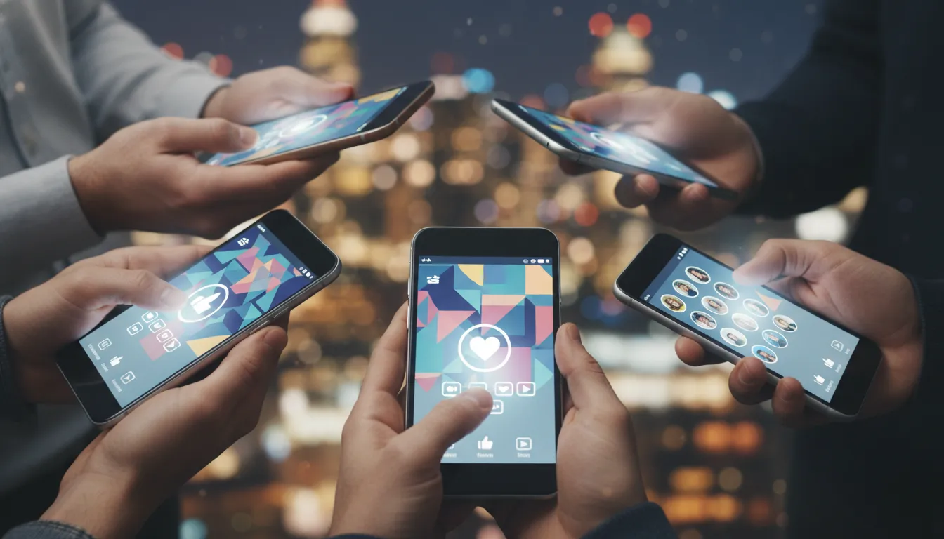 Mãos seguram celulares com apps de social media, simbolizando engajamento e a criação de uma comunidade online.