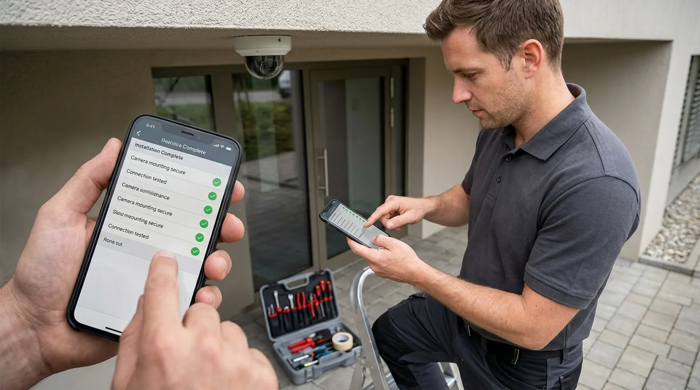 Técnico finalizando instalação com sistema de ordem de serviço mobile no aplicativo.