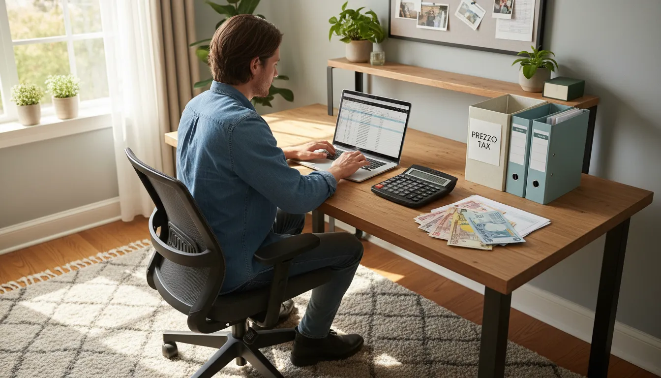 Home office setting with laptop used for bookkeeping tasks, creating financial organization for small business.