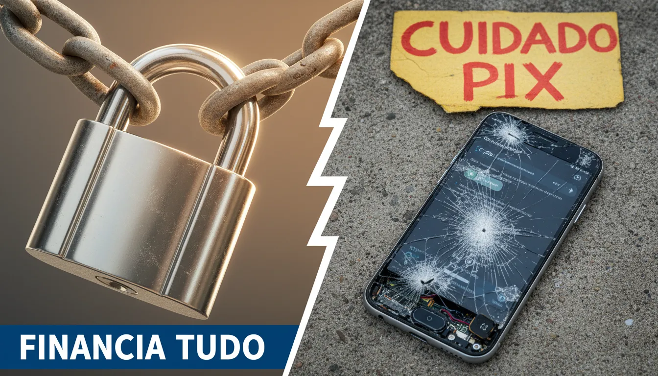 Imagem dividida mostrando cadeado seguro e celular quebrado, representando segurança no pix vs. transações inseguras. Aprenda a se proteger com a Financia Tudo.