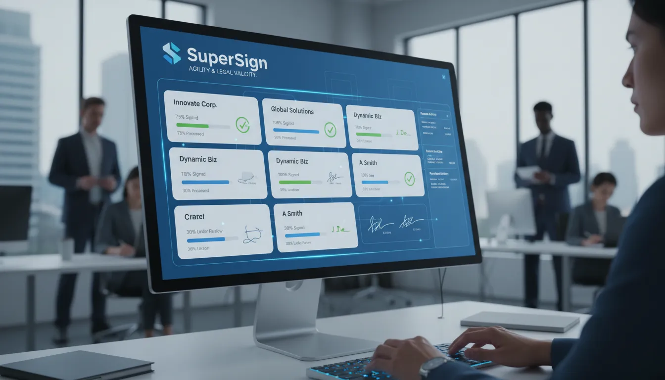 Interface da SuperSign exibindo o gerenciamento de contratos de prestação de serviços simples, destacando a agilidade e a validade jurídica.