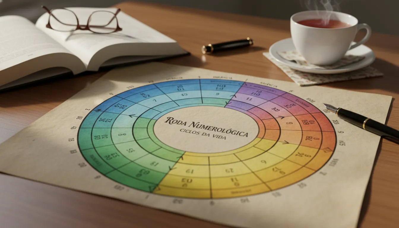 Roda numerológica colorida simbolizando ciclos da vida e autoconhecimento.
