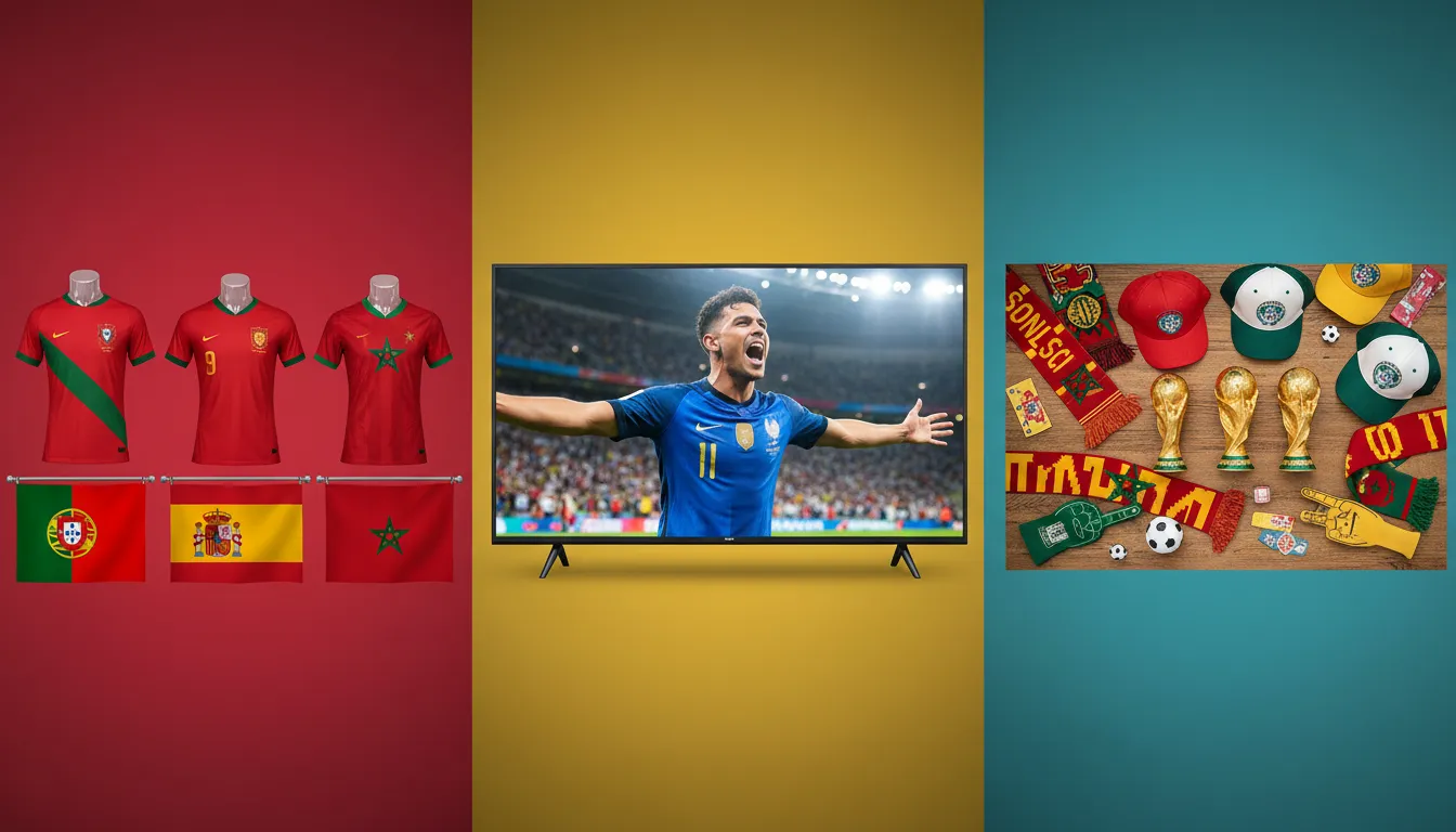 Montagem com camisas de Portugal, Espanha e Marrocos, TV exibindo gol e itens da Copa. Saiba a copa do mundo 2030 onde vai ser.
