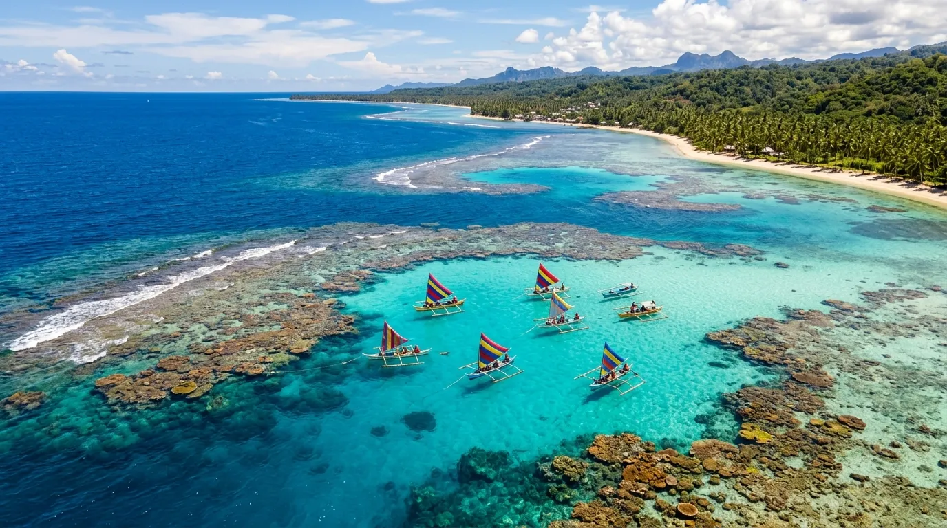 Vista aérea de recifes de corais comparando Maragogi ou Porto de Galinhas para viagens.