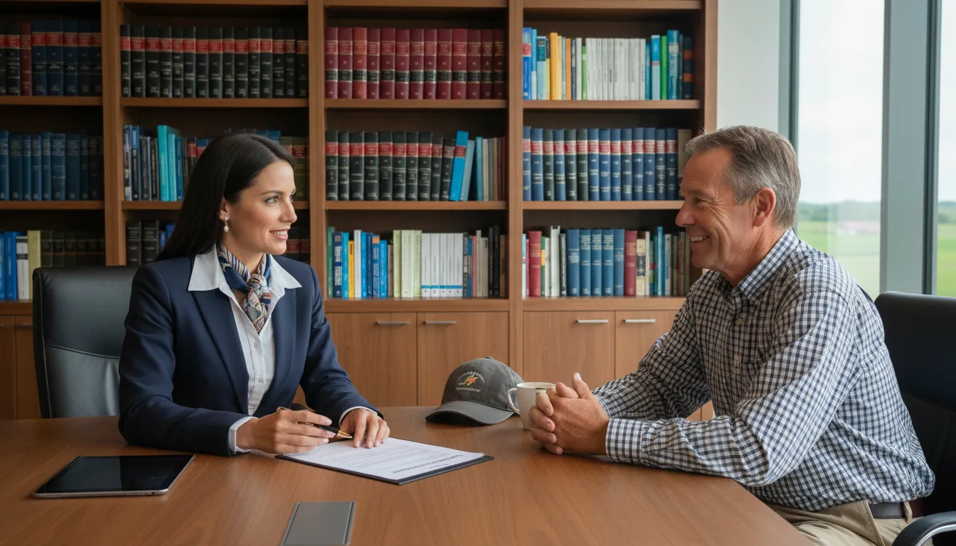 Advogado empresarial e gerente rural conversando sobre contrato agrícola em escritório moderno, transmitindo segurança jurídica.